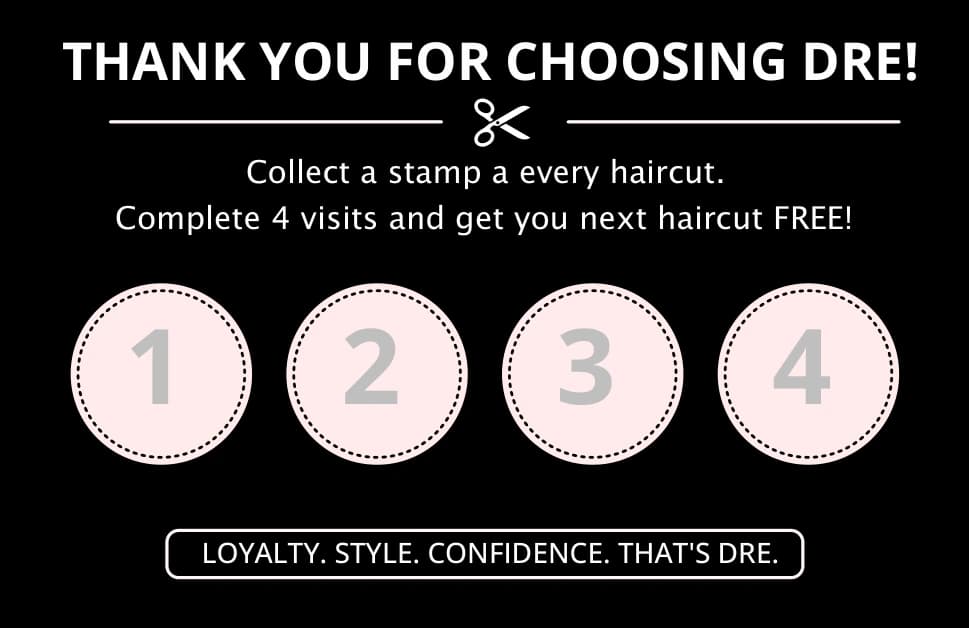 Back of the DRE Haircuts loyalty card with four stamp spaces